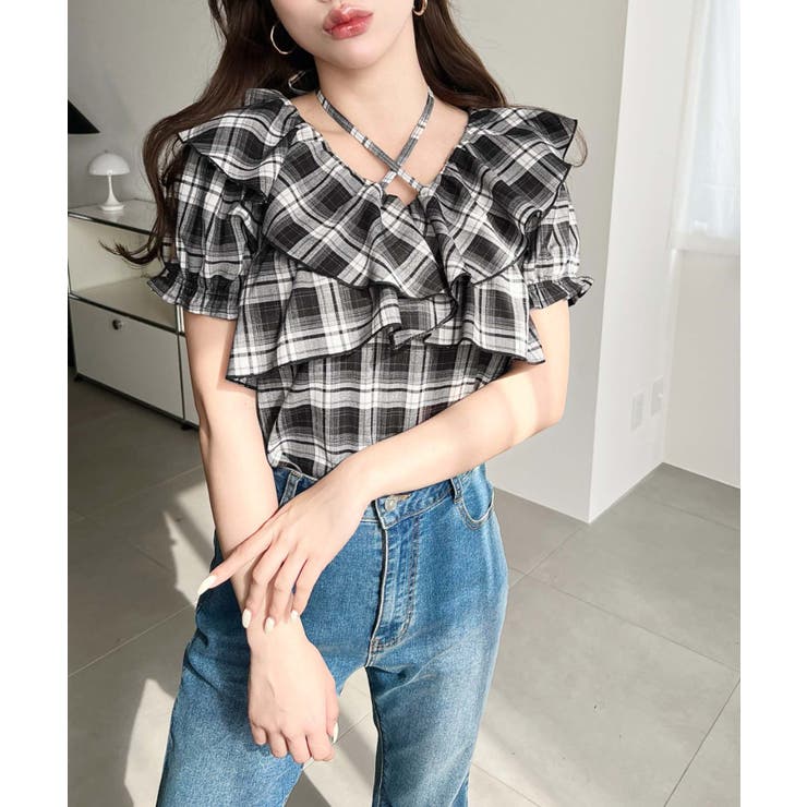 クロスリボンフリルカラー半袖チェックブラウス | moment+ | 詳細画像25 