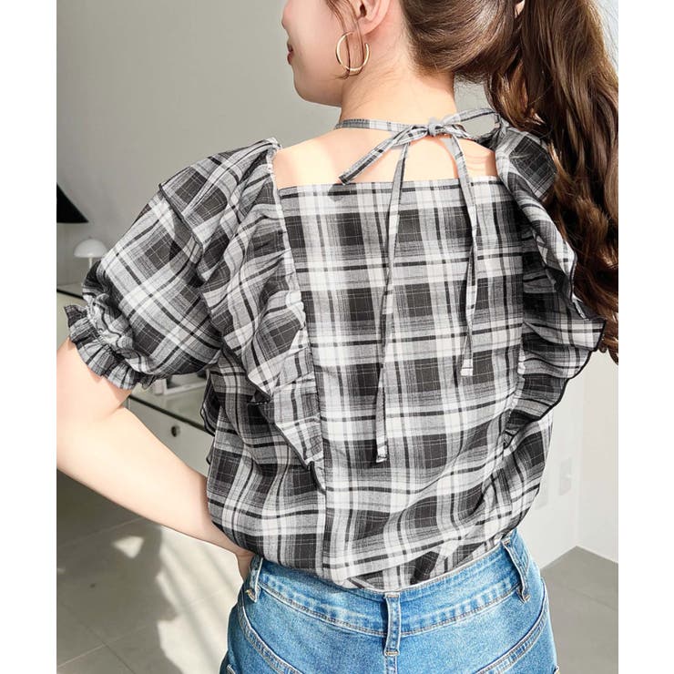 クロスリボンフリルカラー半袖チェックブラウス | moment+ | 詳細画像26 