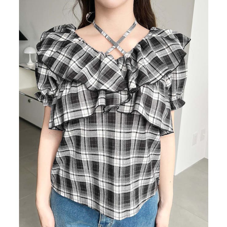 クロスリボンフリルカラー半袖チェックブラウス | moment+ | 詳細画像27 