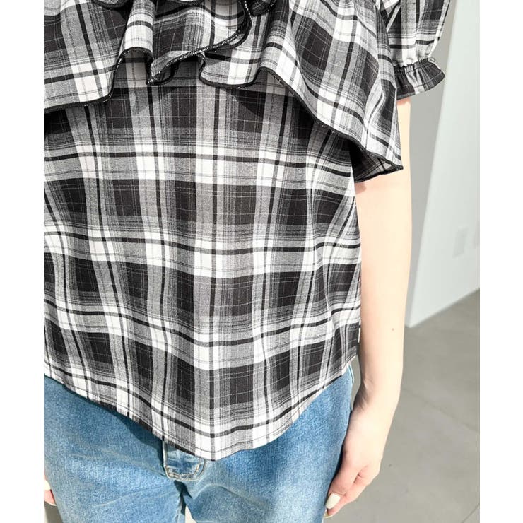 クロスリボンフリルカラー半袖チェックブラウス | moment+ | 詳細画像29 