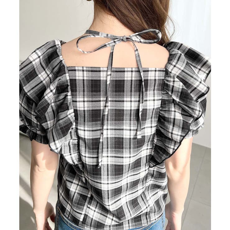 クロスリボンフリルカラー半袖チェックブラウス | moment+ | 詳細画像31 