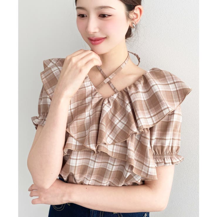 クロスリボンフリルカラー半袖チェックブラウス | moment+ | 詳細画像4 