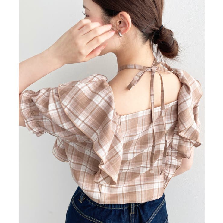 クロスリボンフリルカラー半袖チェックブラウス | moment+ | 詳細画像5 