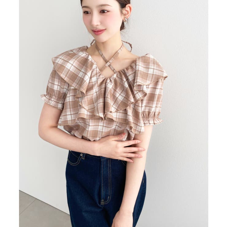 クロスリボンフリルカラー半袖チェックブラウス | moment+ | 詳細画像6 