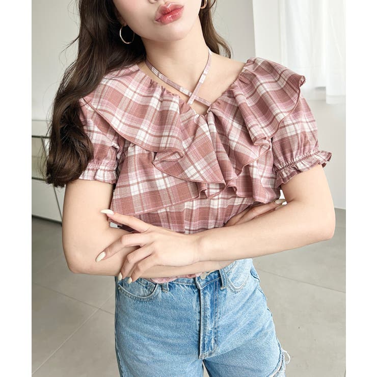 クロスリボンフリルカラー半袖チェックブラウス | moment+ | 詳細画像9 