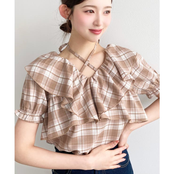 ベージュ | クロスリボンフリルカラー半袖チェックブラウス | moment+