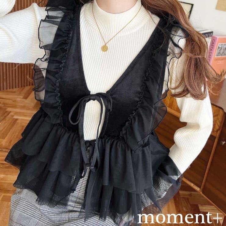 カットベロアチュールフリルフロントリボンベスト[品番：ERMW0004140