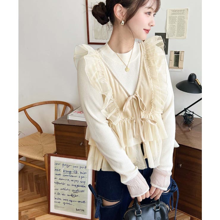 カットベロアチュールフリルフロントリボンベスト[品番：ERMW0004140