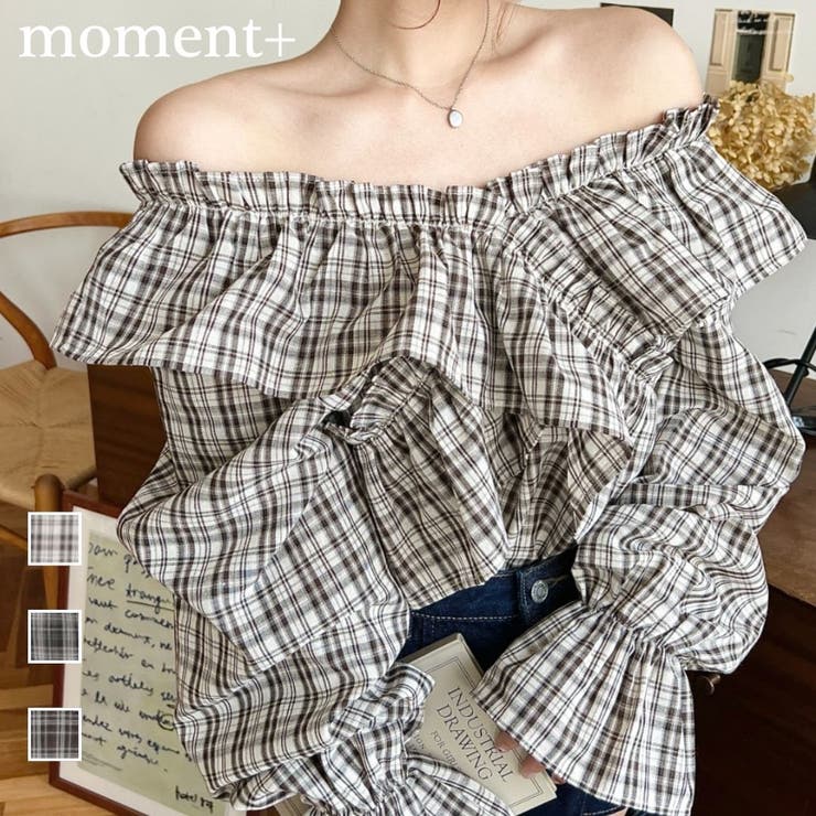 マルチウェイオフショルクロスフリルチェックブラウス | moment+ | 詳細画像1 