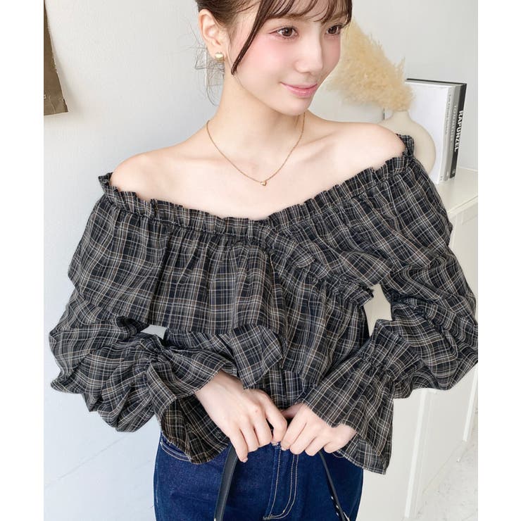 マルチウェイオフショルクロスフリルチェックブラウス | moment+ | 詳細画像10 