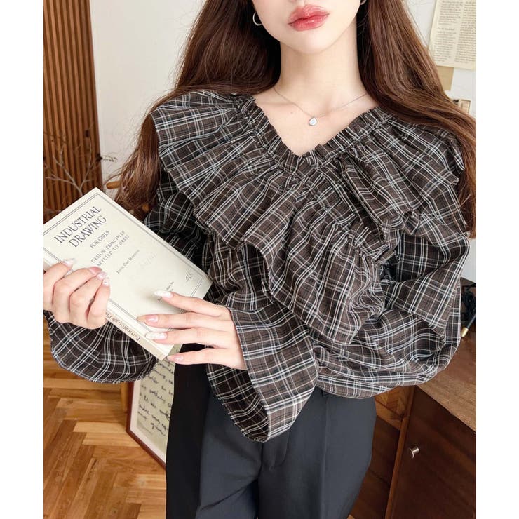 マルチウェイオフショルクロスフリルチェックブラウス | moment+ | 詳細画像11 