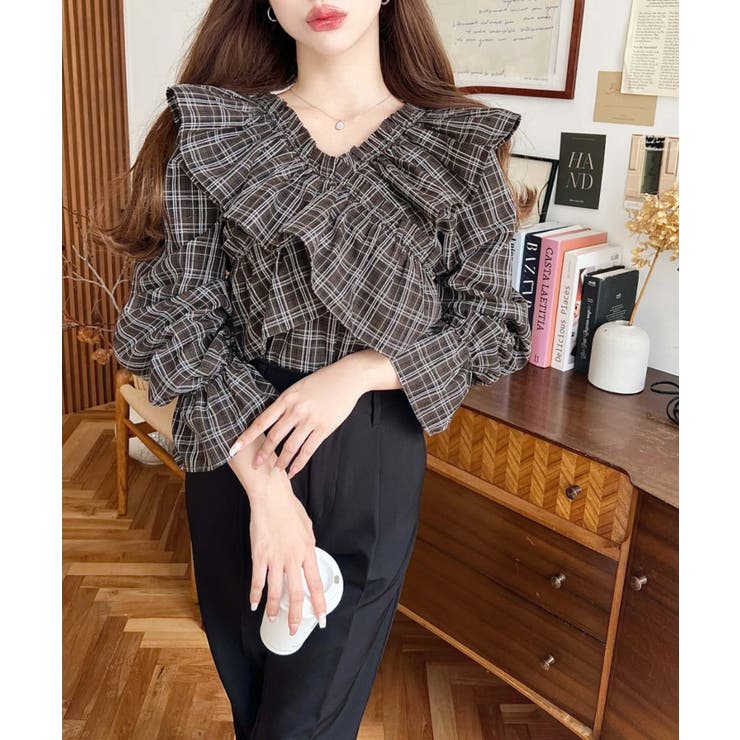 マルチウェイオフショルクロスフリルチェックブラウス | moment+ | 詳細画像12 