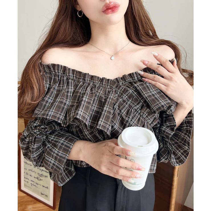 マルチウェイオフショルクロスフリルチェックブラウス | moment+ | 詳細画像13 