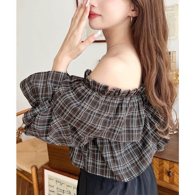 マルチウェイオフショルクロスフリルチェックブラウス | moment+ | 詳細画像14 