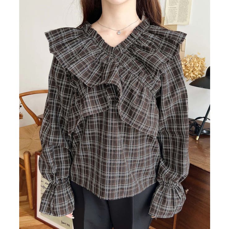 マルチウェイオフショルクロスフリルチェックブラウス | moment+ | 詳細画像16 