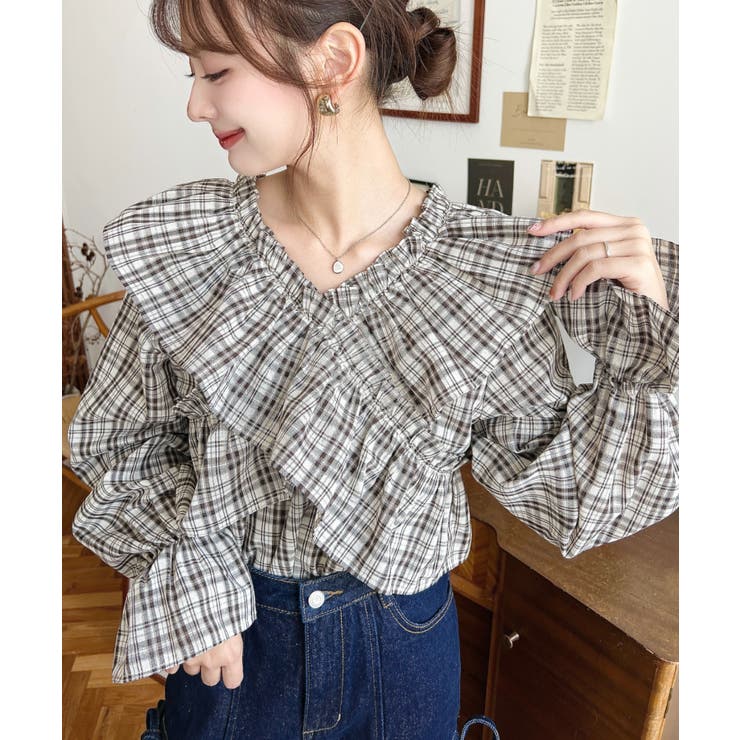 マルチウェイオフショルクロスフリルチェックブラウス | moment+ | 詳細画像2 