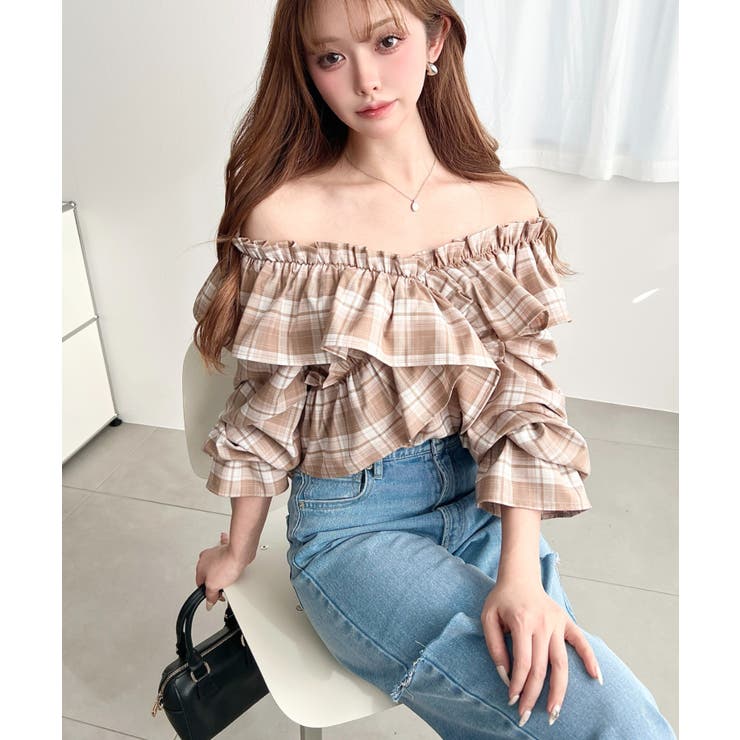 マルチウェイオフショルフリルリボンショート丈長袖チェックブラウス | moment+ | 詳細画像17 