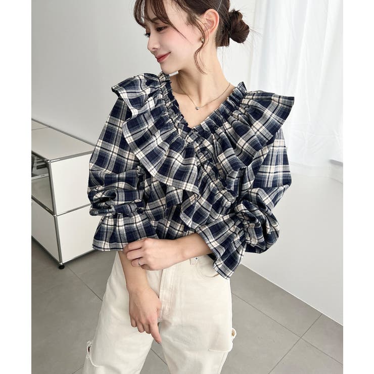 マルチウェイオフショルフリルリボンショート丈長袖チェックブラウス | moment+ | 詳細画像20 