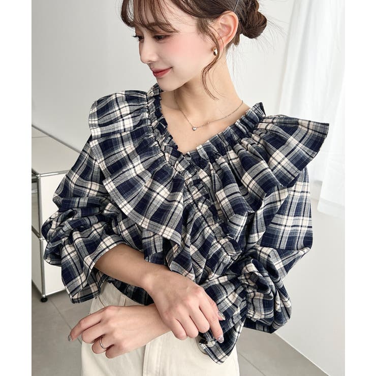 マルチウェイオフショルフリルリボンショート丈長袖チェックブラウス | moment+ | 詳細画像21 
