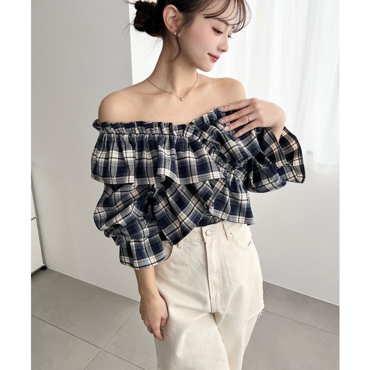 マルチウェイオフショルフリルリボンショート丈長袖チェックブラウス | moment+ | 詳細画像22 