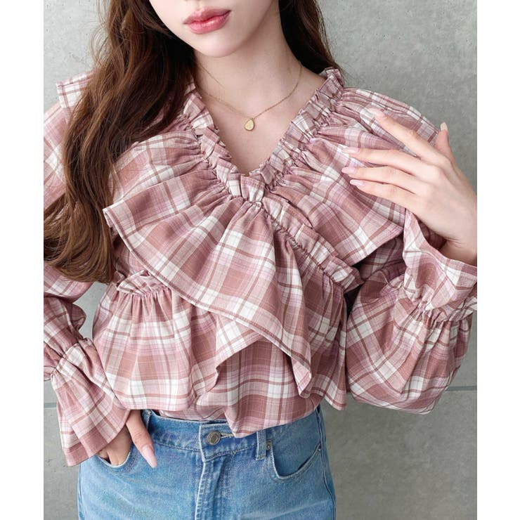 マルチウェイオフショルフリルリボンショート丈長袖チェックブラウス | moment+ | 詳細画像25 