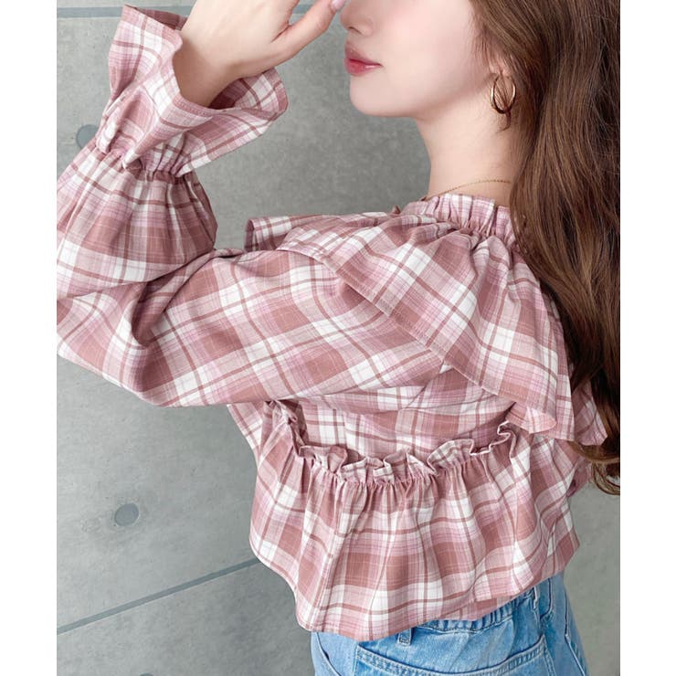 マルチウェイオフショルフリルリボンショート丈長袖チェックブラウス | moment+ | 詳細画像26 