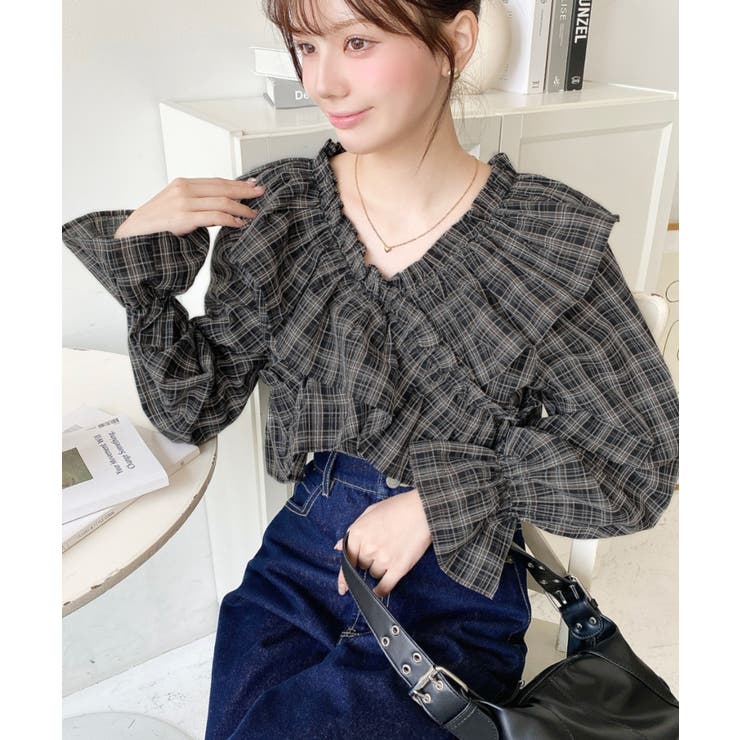 マルチウェイオフショルクロスフリルチェックブラウス | moment+ | 詳細画像6 