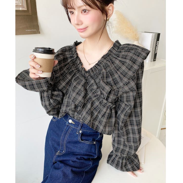 マルチウェイオフショルクロスフリルチェックブラウス | moment+ | 詳細画像7 