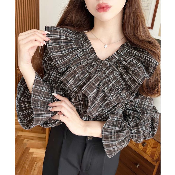 ブラウン | マルチウェイオフショルクロスフリルチェックブラウス | moment+