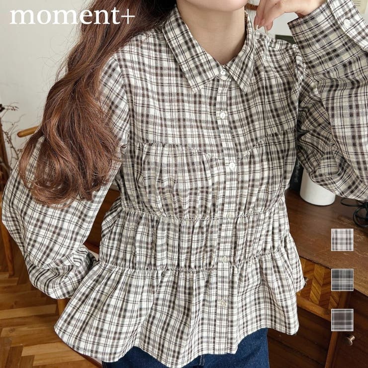 シャーリングビスチェデザイン長袖チェックシャツ | moment+ | 詳細画像1 
