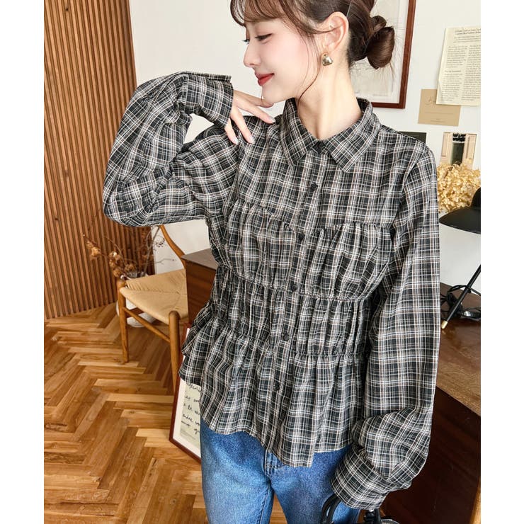 シャーリングビスチェデザイン長袖チェックシャツ | moment+ | 詳細画像14 