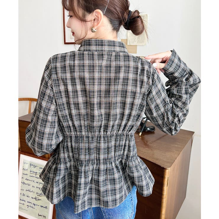 シャーリングビスチェデザイン長袖チェックシャツ | moment+ | 詳細画像15 