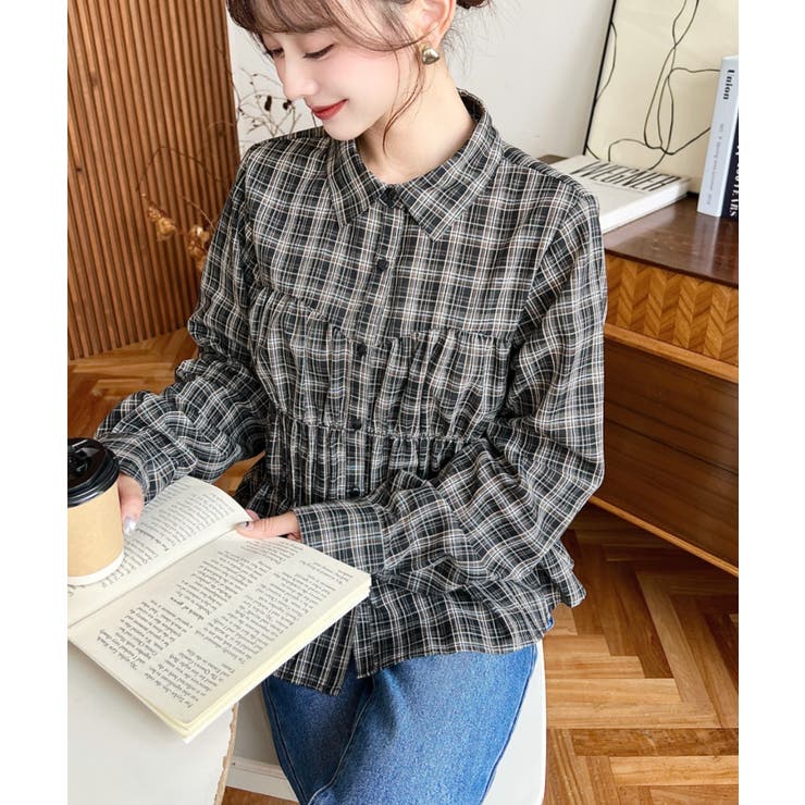 シャーリングビスチェデザイン長袖チェックシャツ | moment+ | 詳細画像16 