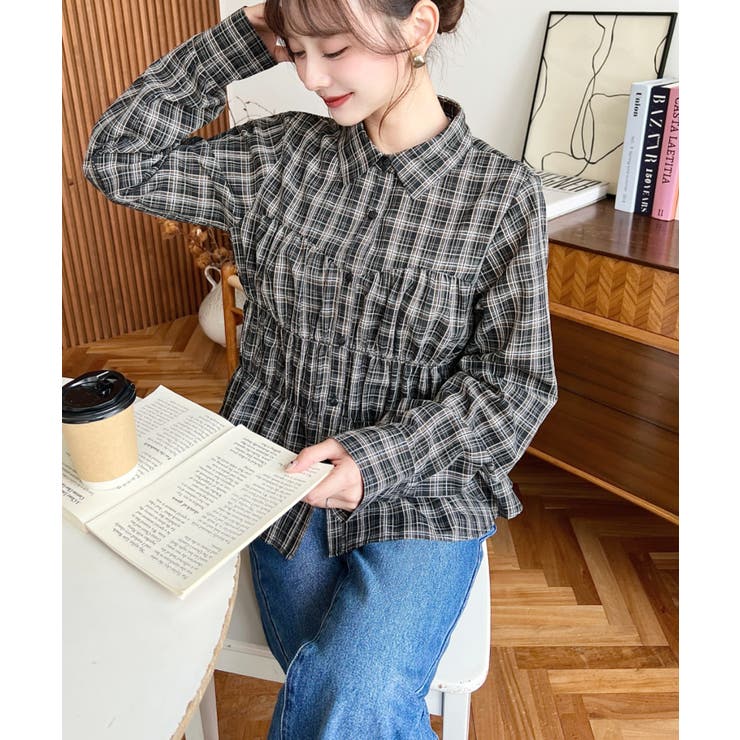 シャーリングビスチェデザイン長袖チェックシャツ | moment+ | 詳細画像17 