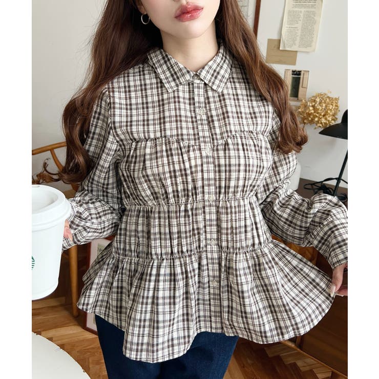 シャーリングビスチェデザイン長袖チェックシャツ | moment+ | 詳細画像2 