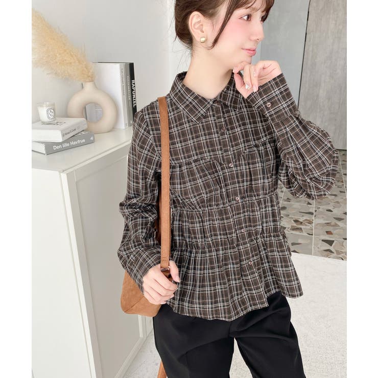 シャーリングビスチェデザイン長袖チェックシャツ | moment+ | 詳細画像21 