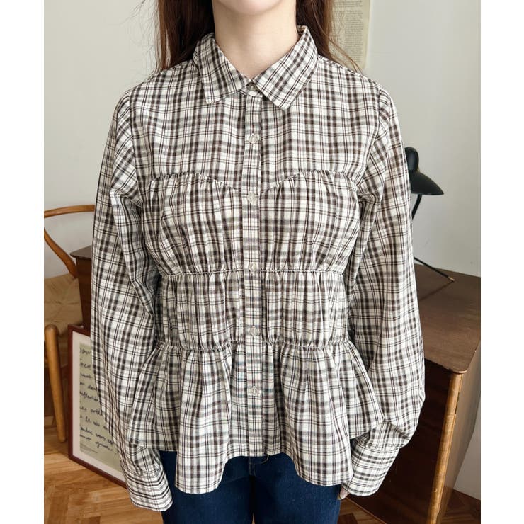 シャーリングビスチェデザイン長袖チェックシャツ | moment+ | 詳細画像7 