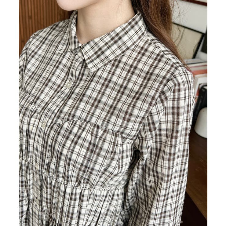 シャーリングビスチェデザイン長袖チェックシャツ | moment+ | 詳細画像9 