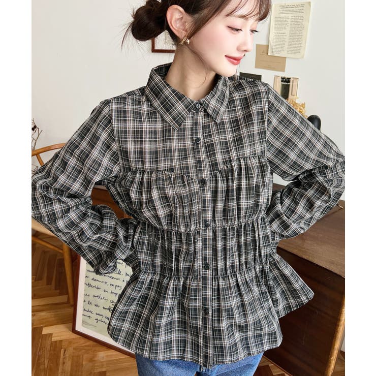 ブラック | シャーリングビスチェデザイン長袖チェックシャツ | moment+