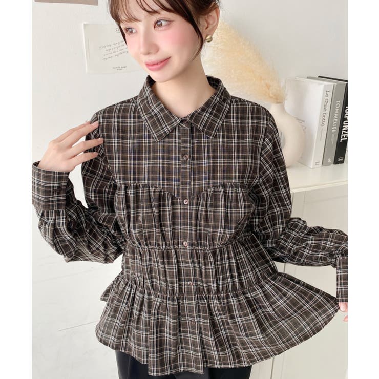ブラウン | シャーリングビスチェデザイン長袖チェックシャツ | moment+