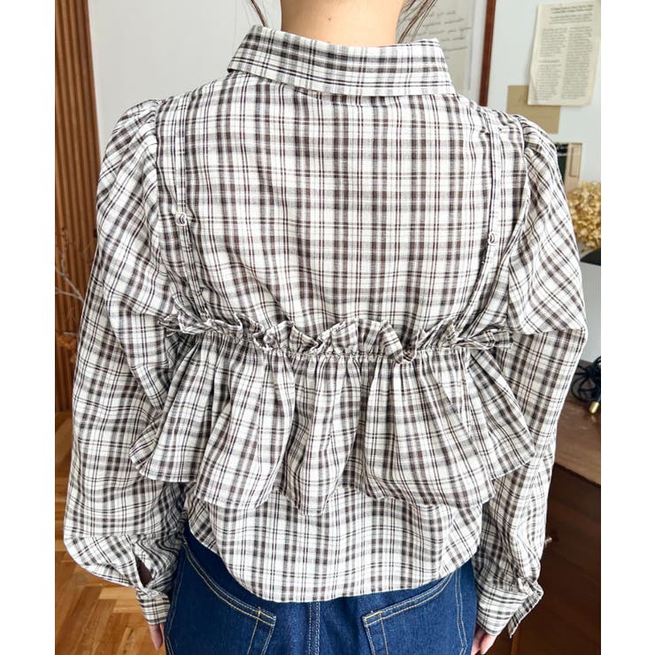 フリルビスチェセット裾ドロストリボン長袖チェックシャツ | moment+ | 詳細画像13 