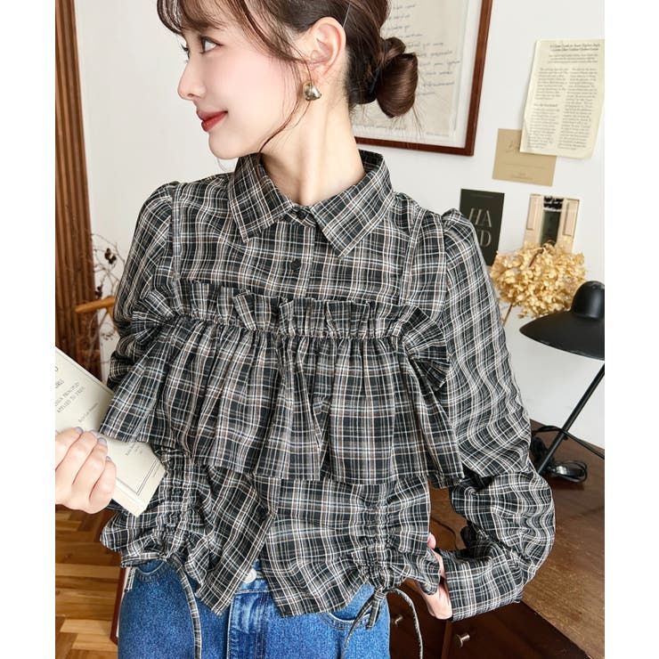 フリルビスチェセット裾ドロストリボン長袖チェックシャツ | moment+ | 詳細画像16 