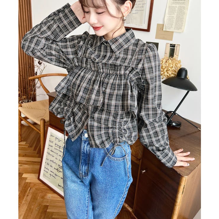 フリルビスチェセット裾ドロストリボン長袖チェックシャツ | moment+ | 詳細画像17 