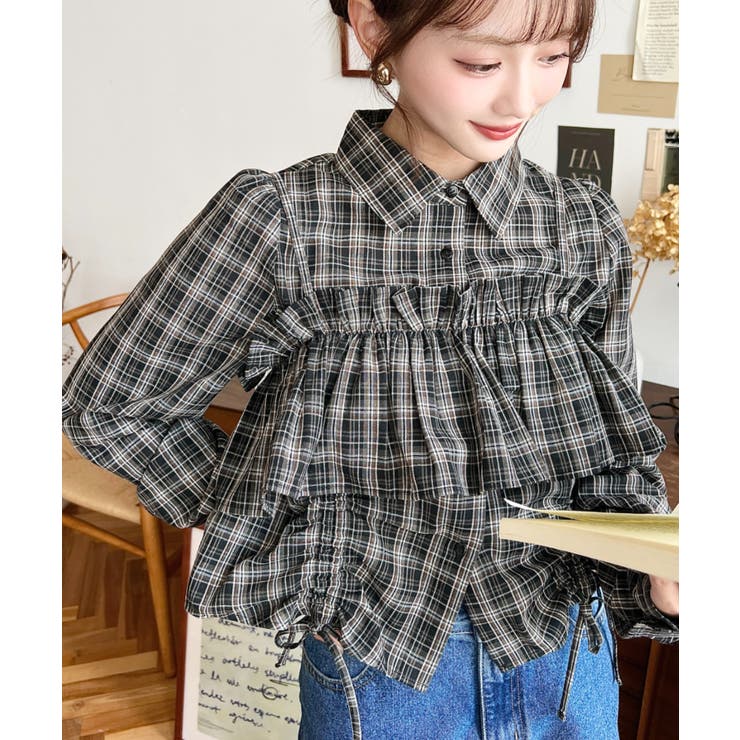 フリルビスチェセット裾ドロストリボン長袖チェックシャツ | moment+ | 詳細画像18 