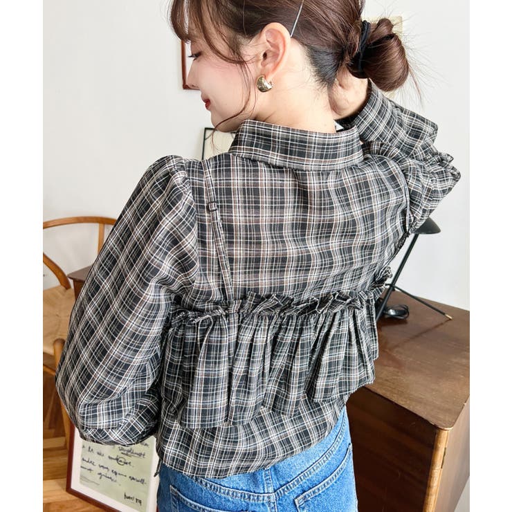 フリルビスチェセット裾ドロストリボン長袖チェックシャツ | moment+ | 詳細画像19 