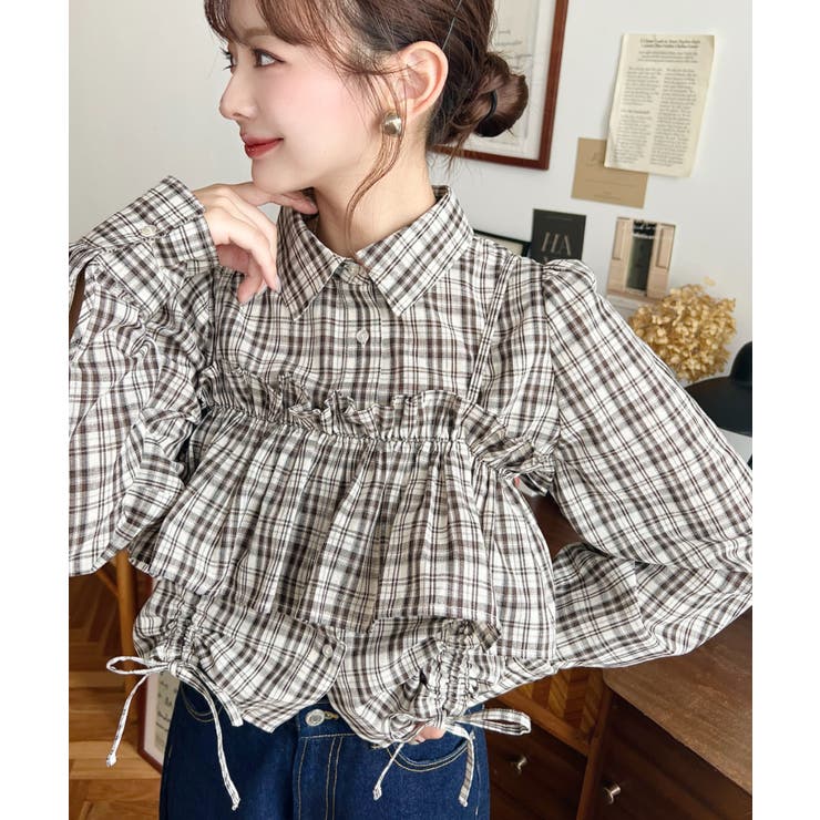 フリルビスチェセット裾ドロストリボン長袖チェックシャツ | moment+ | 詳細画像2 