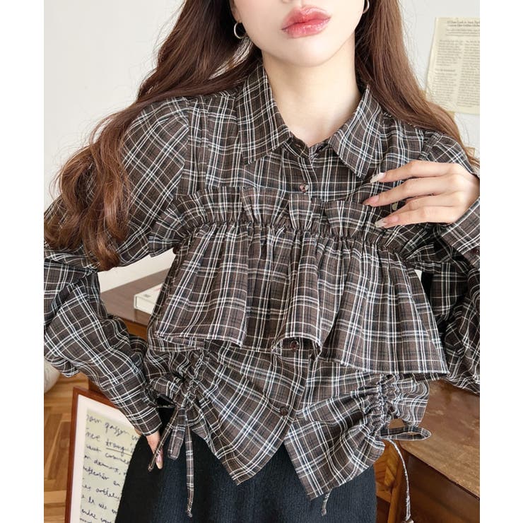 フリルビスチェセット裾ドロストリボン長袖チェックシャツ | moment+ | 詳細画像20 