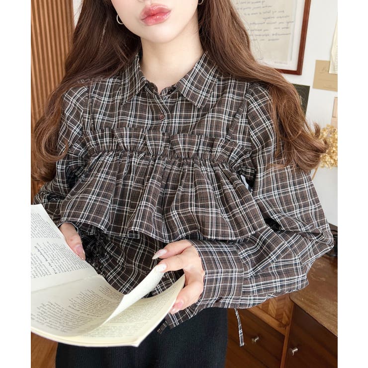 フリルビスチェセット裾ドロストリボン長袖チェックシャツ | moment+ | 詳細画像22 