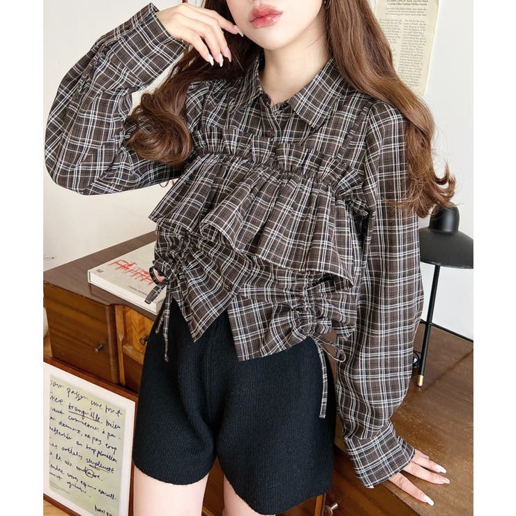 フリルビスチェセット裾ドロストリボン長袖チェックシャツ[品番