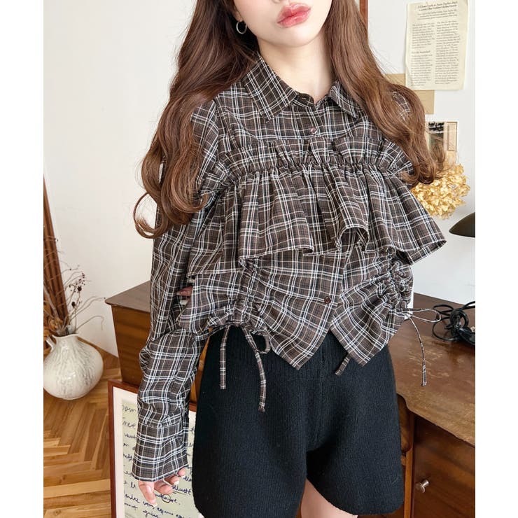 ビスチェセットチェックシャツ オンブレチェック シャツ リボン